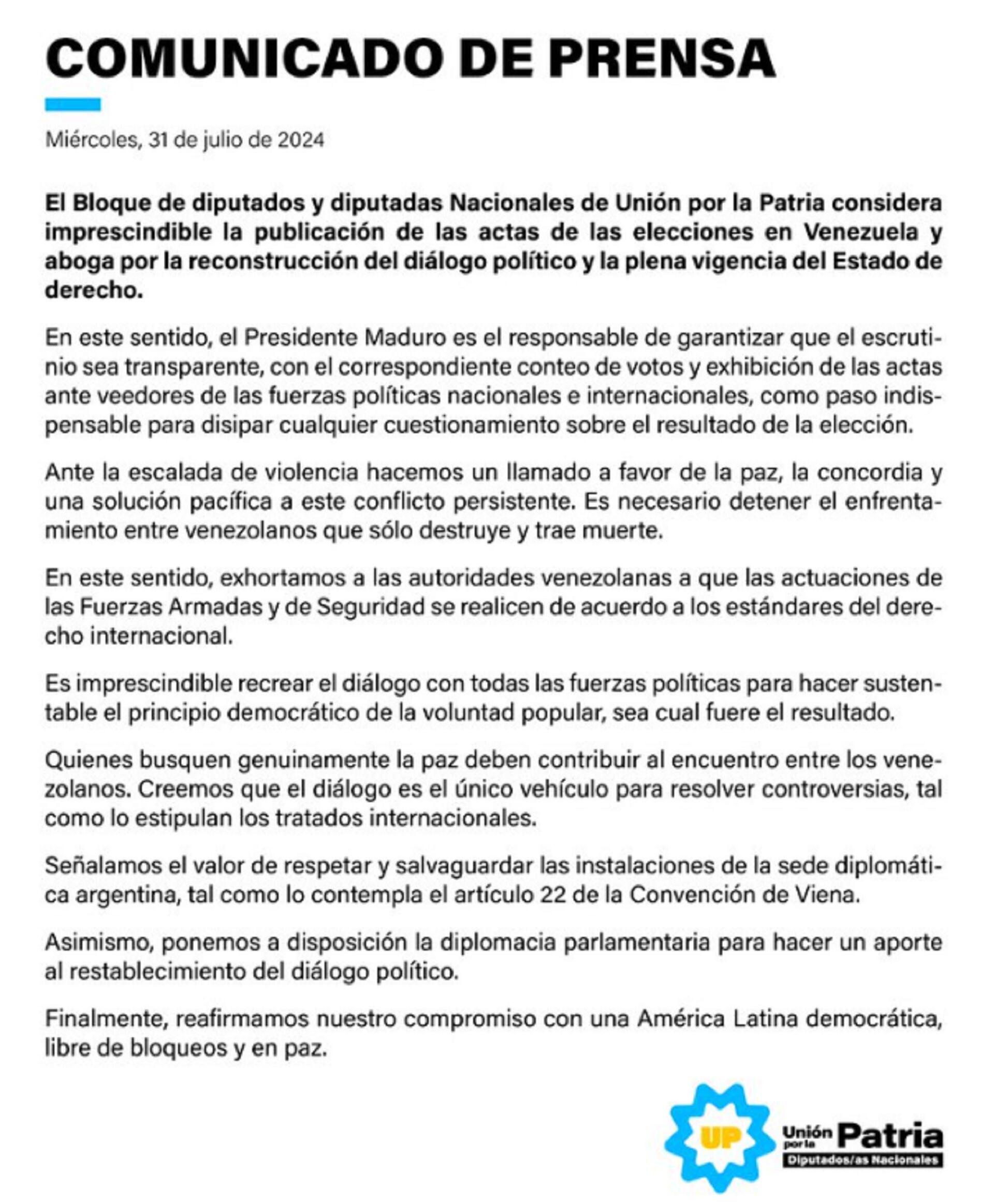 Comunicado de UxP - Venezuela