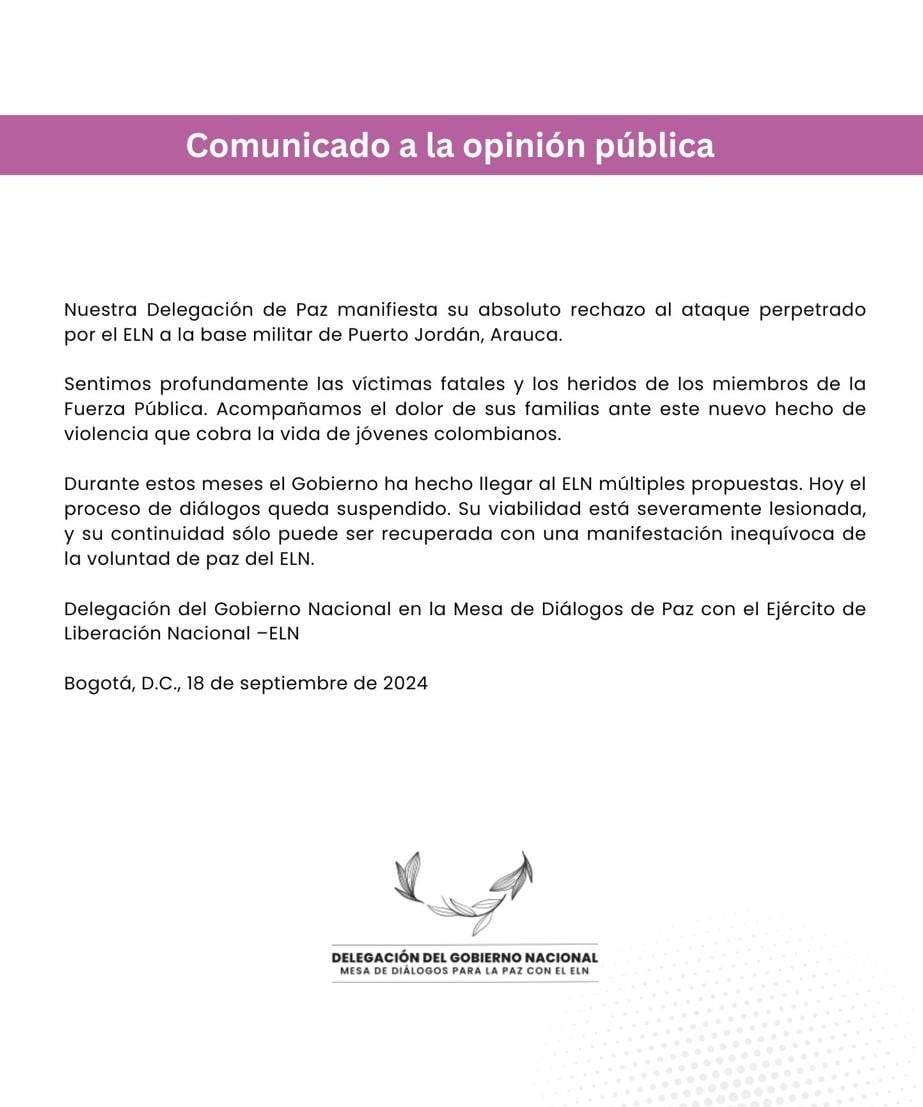 Comunicado de la delegación del Gobierno nacional sobre suspensión de los diálogos con el ELN