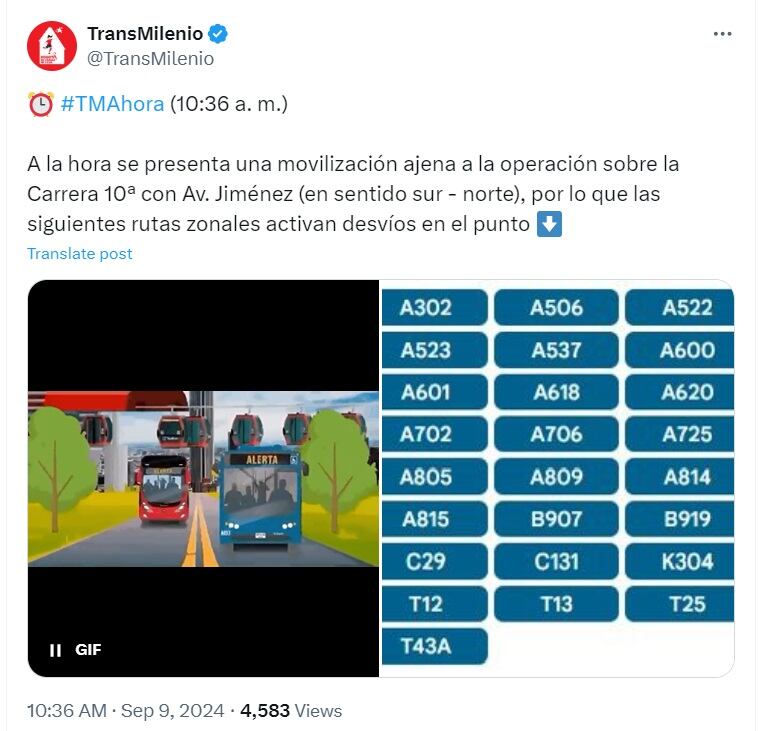 Rutas afectadas por marchas en la carrera 10 de Bogotá - crédito @TransMilenio/X