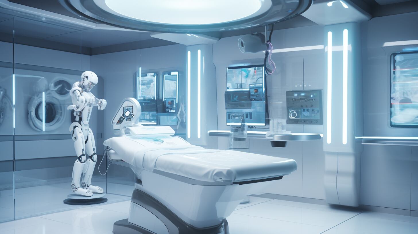 En una sala terapéutica hospitalaria, un robot blanco señala imágenes de rayos X en la pared, representando la sinergia entre tecnología y medicina en un entorno futurista. (Imagen ilustrativa Infobae).