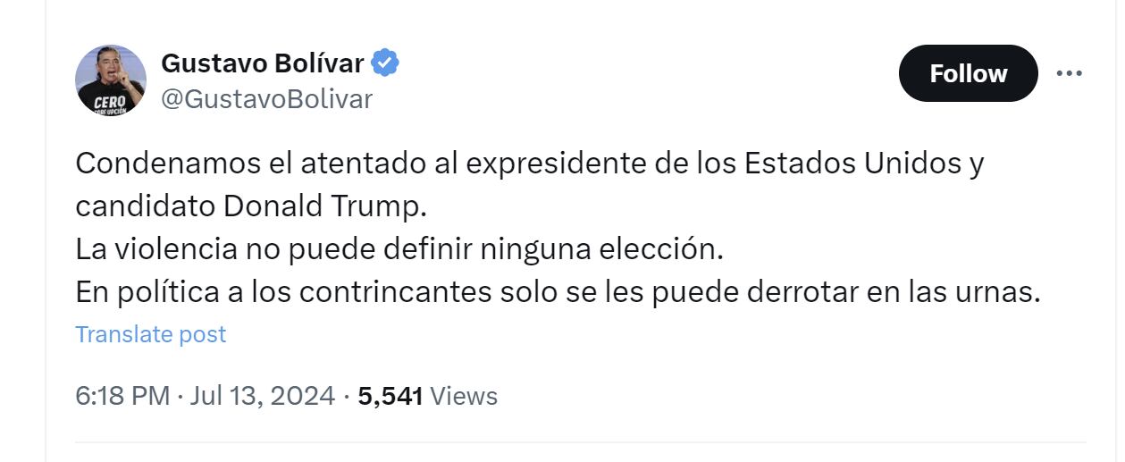 Gustavo Bolívar condenó el atentado contra Donald Trump y aseguró que la violencia no puede definir las elecciones - crédito @GustavoBolivar/X