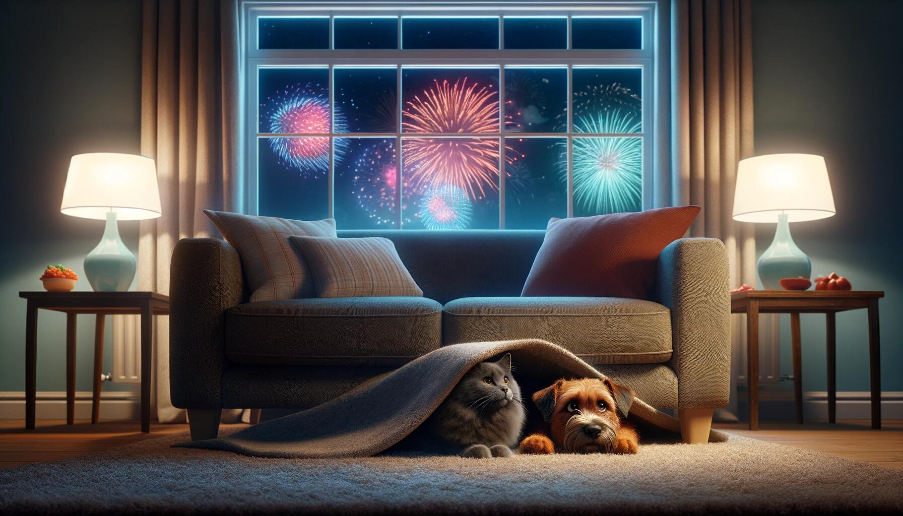 "Conmovedora imagen de perros y gatos asustados escondiéndose durante fuegos artificiales. Destaca la importancia de prevenir y ayudar a las mascotas en situaciones de ruido y estrés. (Imagen Ilustrativa Infobae)