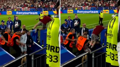 Locura en la Eurocopa por Cristiano Ronaldo: un fanático saltó desde la tribuna para saludarlo, casi lo lastima y cayó por el hueco de una escalera