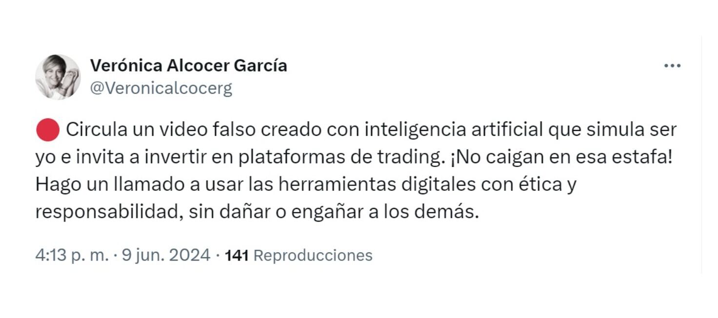 Verónica Alcocer desmintió que esté invitando a invertir en trading