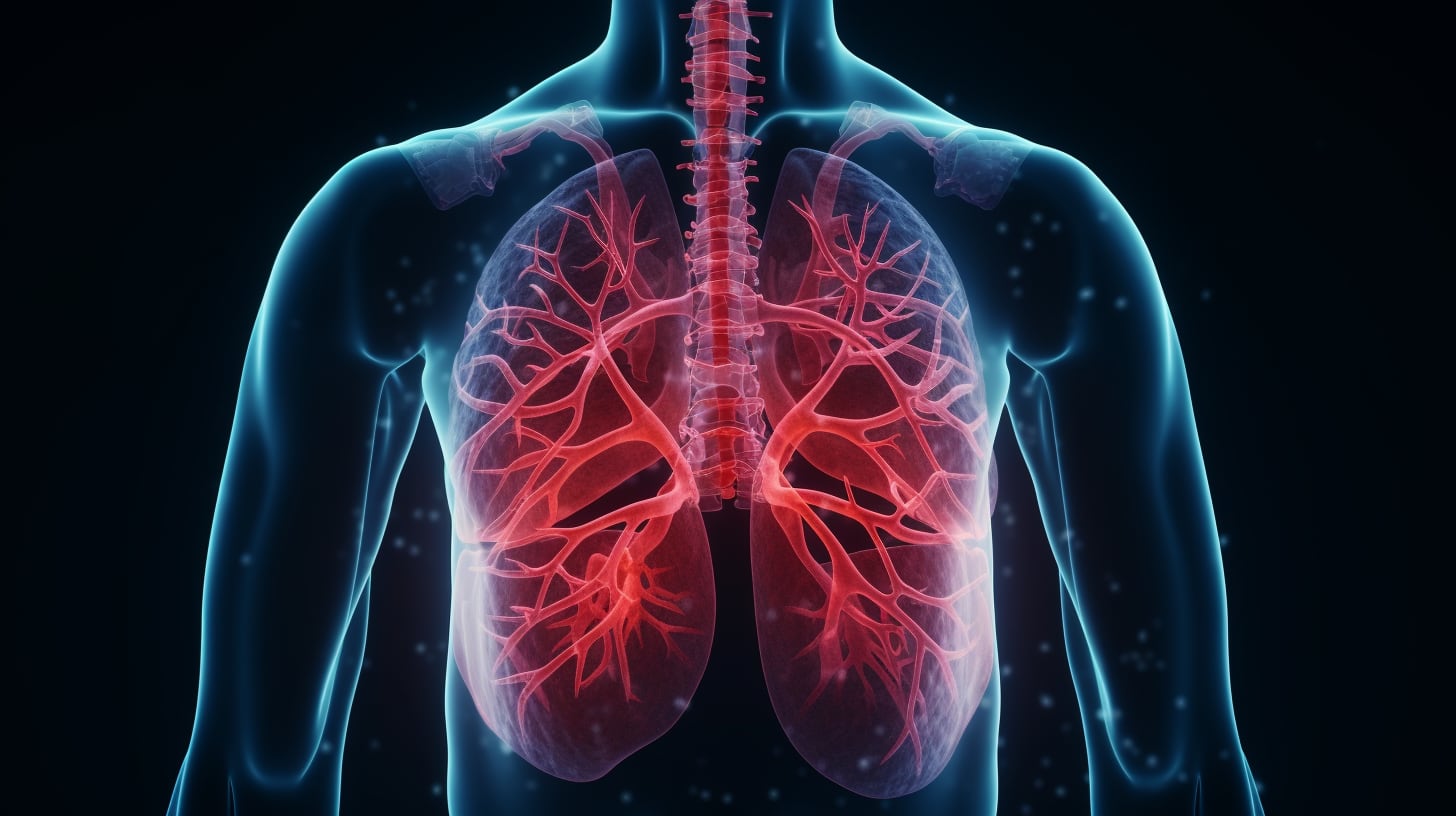 Radiografía del pecho de una persona que deja ver los pulmones irradiando un fuerte color rojo (Imagen ilustrativa Infobae)