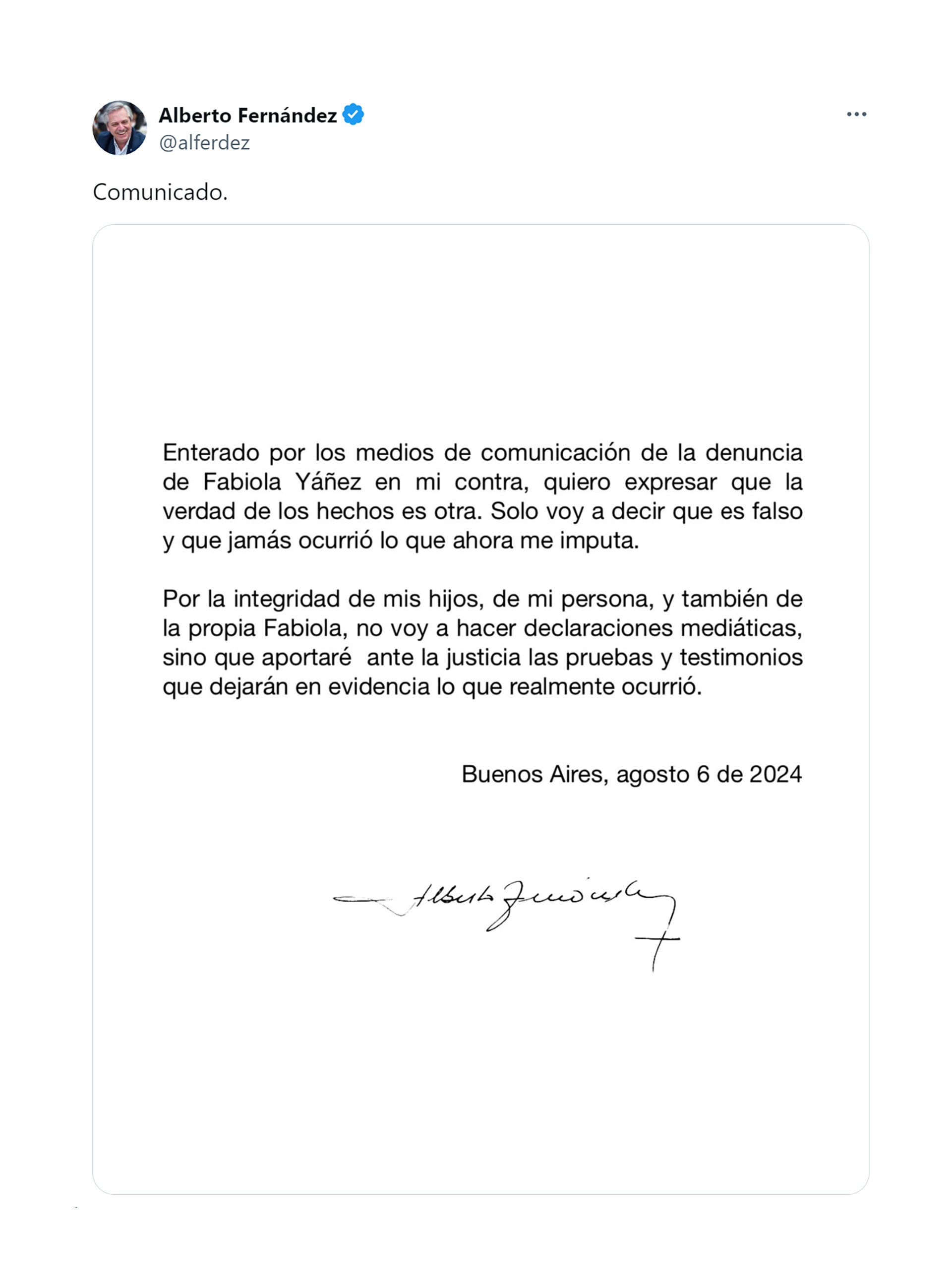 comunicado alberto fernandez denuncia violencia de genero