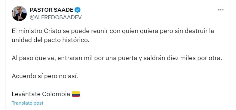 El pastor cuestionó el encuentro entre el ministro Juan Fernando Cristo y la exvicepresidenta Martha Lucía Ramírez - crédito @ALFREDOSAADEV/X