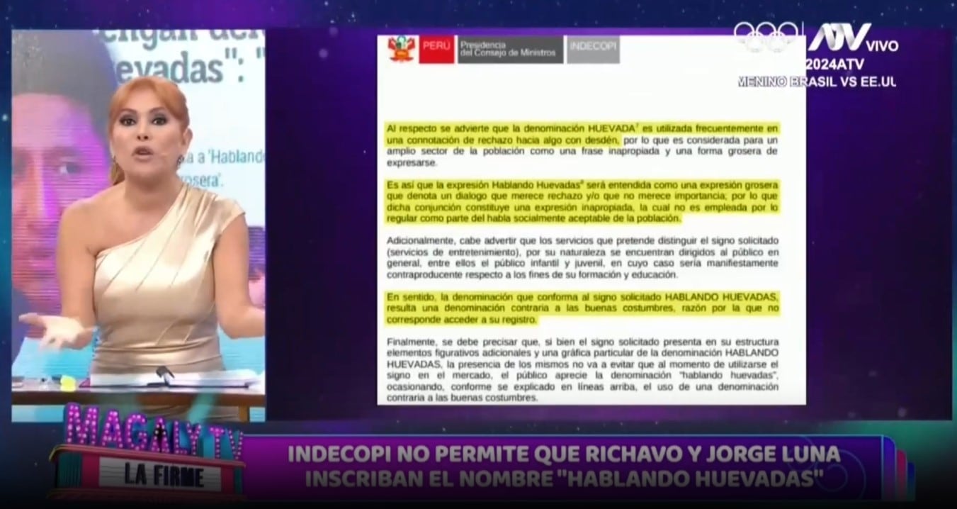 Magaly Medina condena rechazo del registro de marca Hablando Huevadas ante Indecopi. (Captura: Magaly TV La Firme)