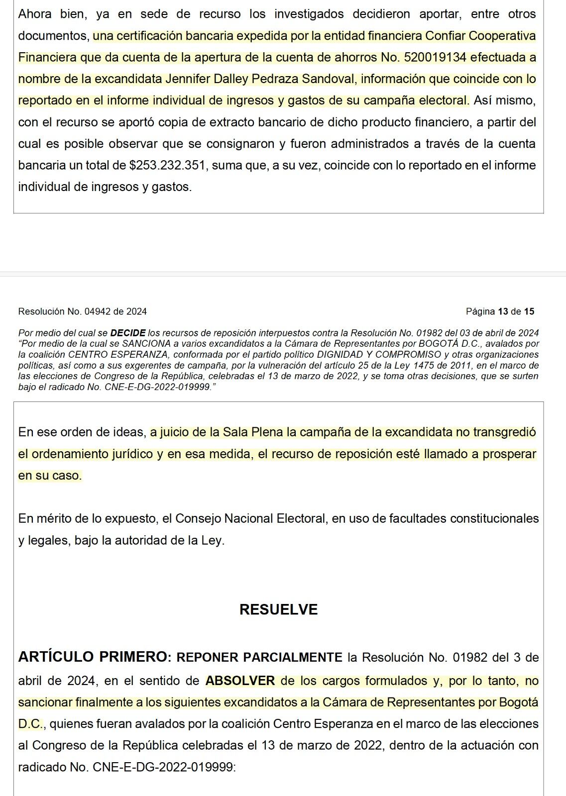 La Resolución No. 04942 concluyó que la campaña de la excandidata no transgredió el ordenamiento jurídico - crédito CNE