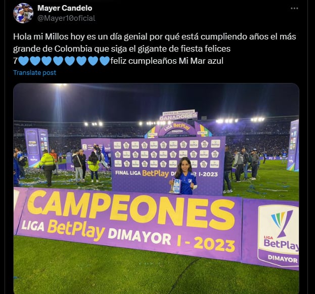 El club embajador realizó un re-post de uno de los tuits de Mayer Candelo: referente de Millonarios en la década del 2010.