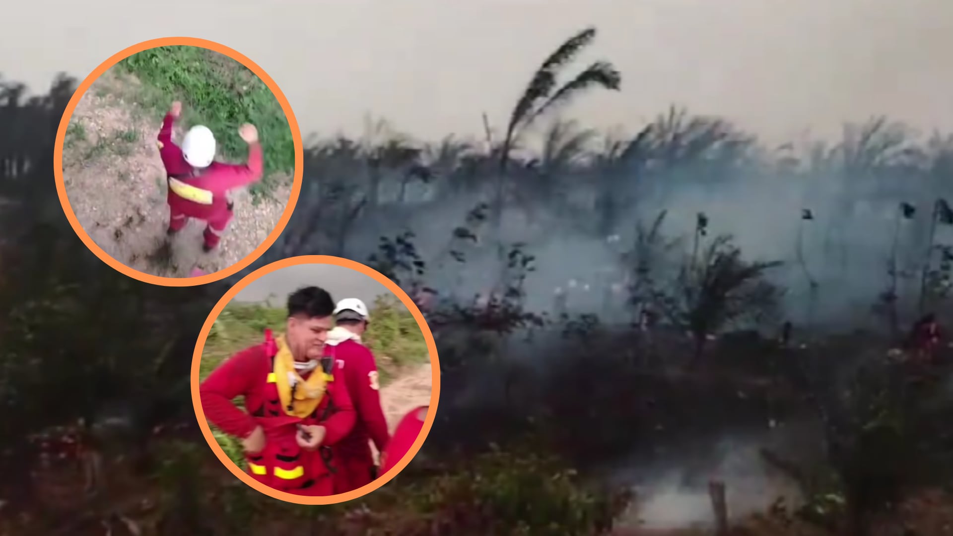 Los bomberos voluntarios, extenuados por jornadas interminables, celebraron la llegada de las primeras gotas mientras enfrentaban las llamas que consumían hectáreas de selva. (Composición: Infobae / captura de pantalla)