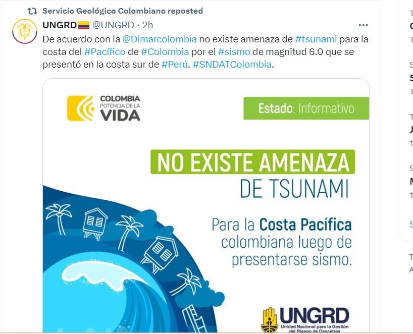 Ungrd  informa que no hay riesgo de tsunami en Colombia - crédito @UNGRD