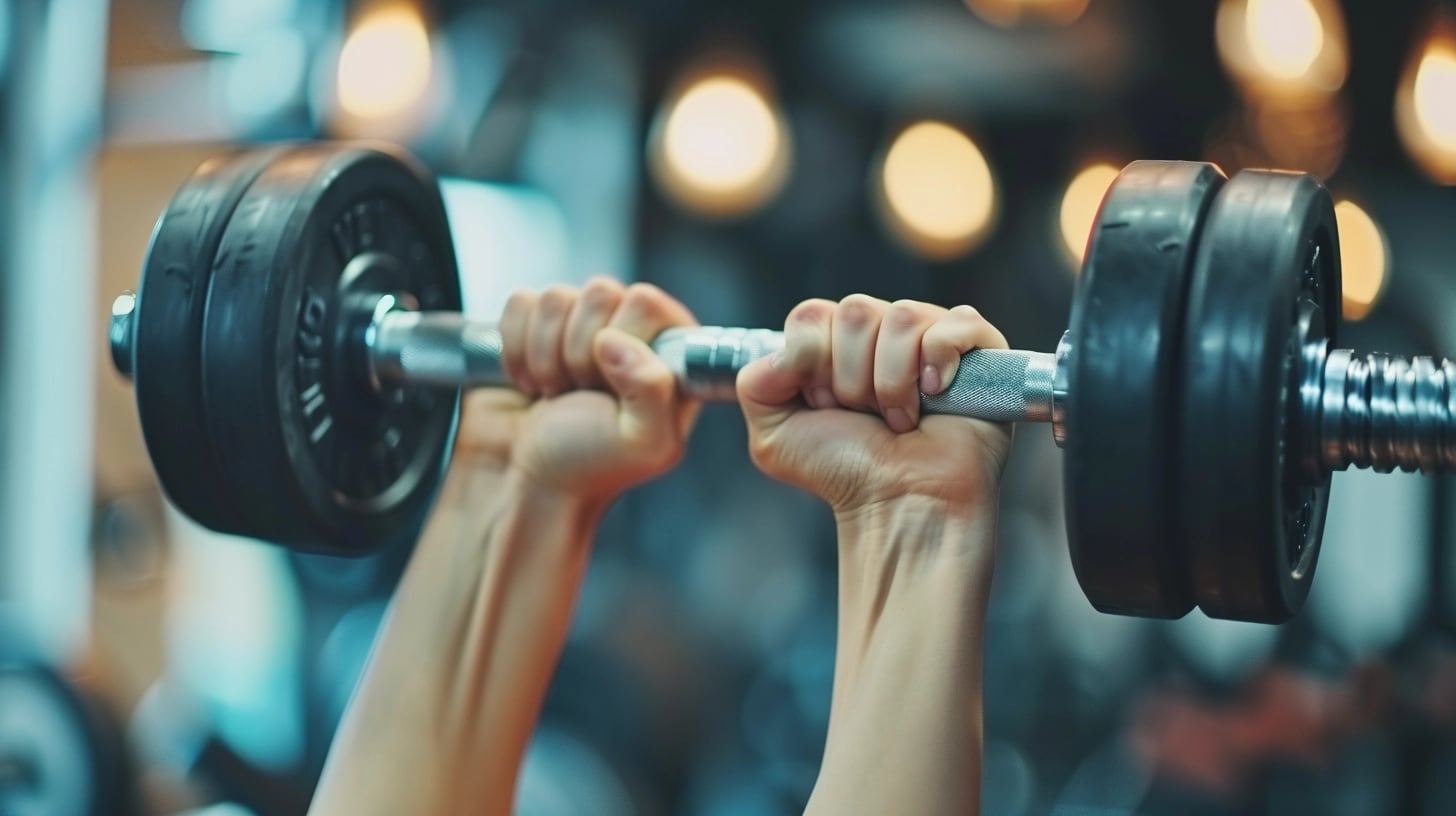 Joven ejercitándose con pesas en el gym, representando la importancia de la actividad física en el interior para la salud y una vida sana. Su esfuerzo subraya el valor del cuidado personal y la constancia en el entrenamiento para alcanzar objetivos de bienestar y fortaleza física, rodeada del ambiente motivador del gimnasio. (Imagen ilustrativa Infobae)