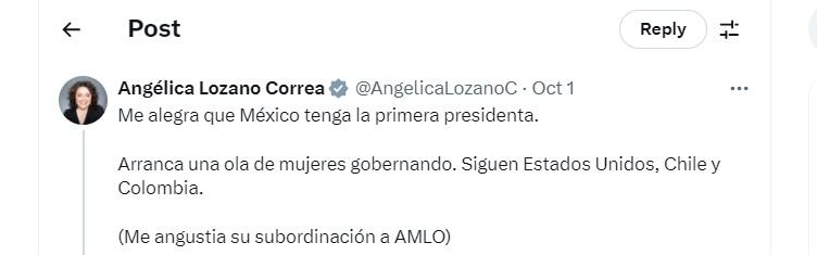 Angélica Lozano celebra la posesión de la presidenta de México - crédito @AngelicaLozanoC