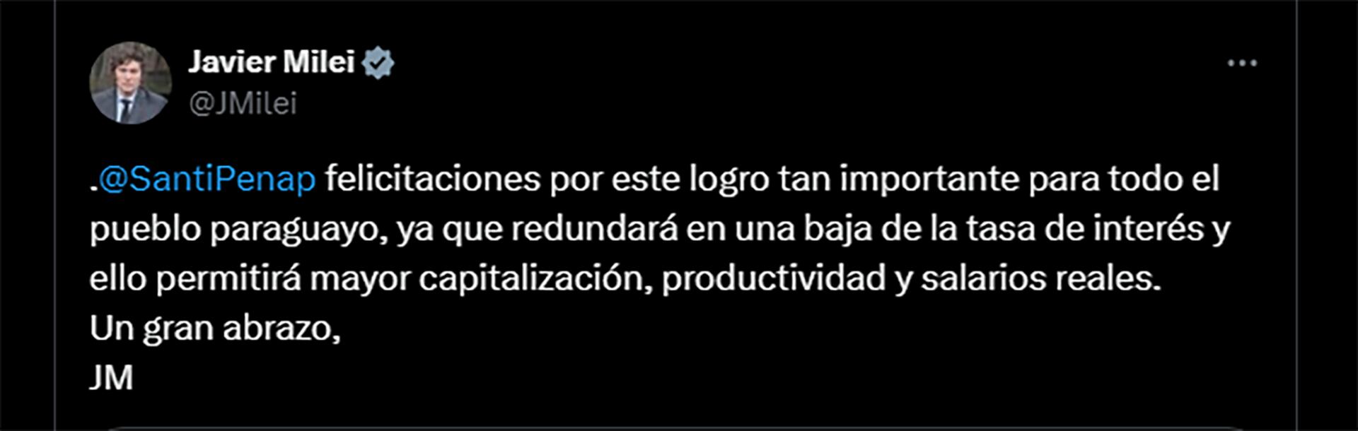 Javier Milei felicitó a Santiago Peña por bajar el riesgo país de Paraguay y alcanzar el "grado de inversión"