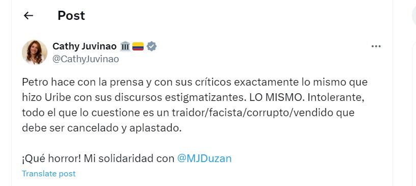 Cathy Juvinao cuestionó respuesta del presidente Petro a María Jimena Duzán - crédito @CathyJuvinao