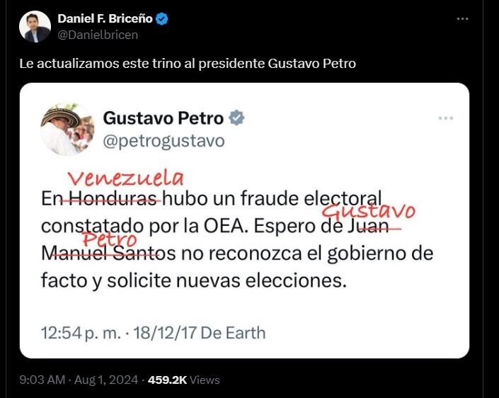 La publicación original de Petro sobre las elecciones en Honduras fue alterada por internautas provocando intensas reacciones - crédito @DanielBricen/X