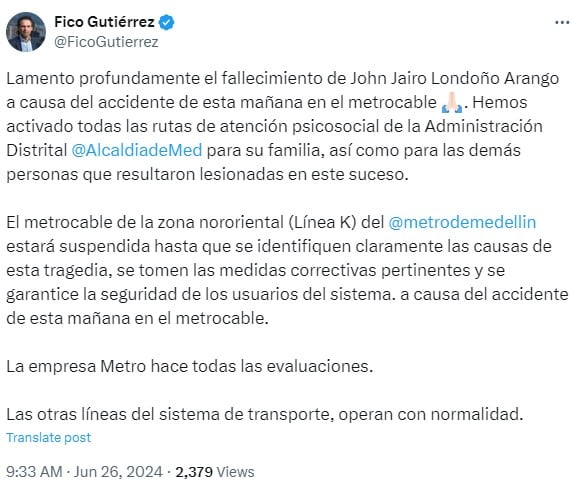 Publicación del alcalde de Medellín, Fico Gutiérrez