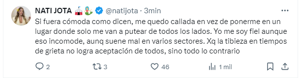 La aclaración de Nati Jota