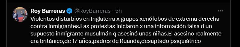 Roy Barreras sobre las protestas en Reino Unido - crédito @RoyBarreras/X