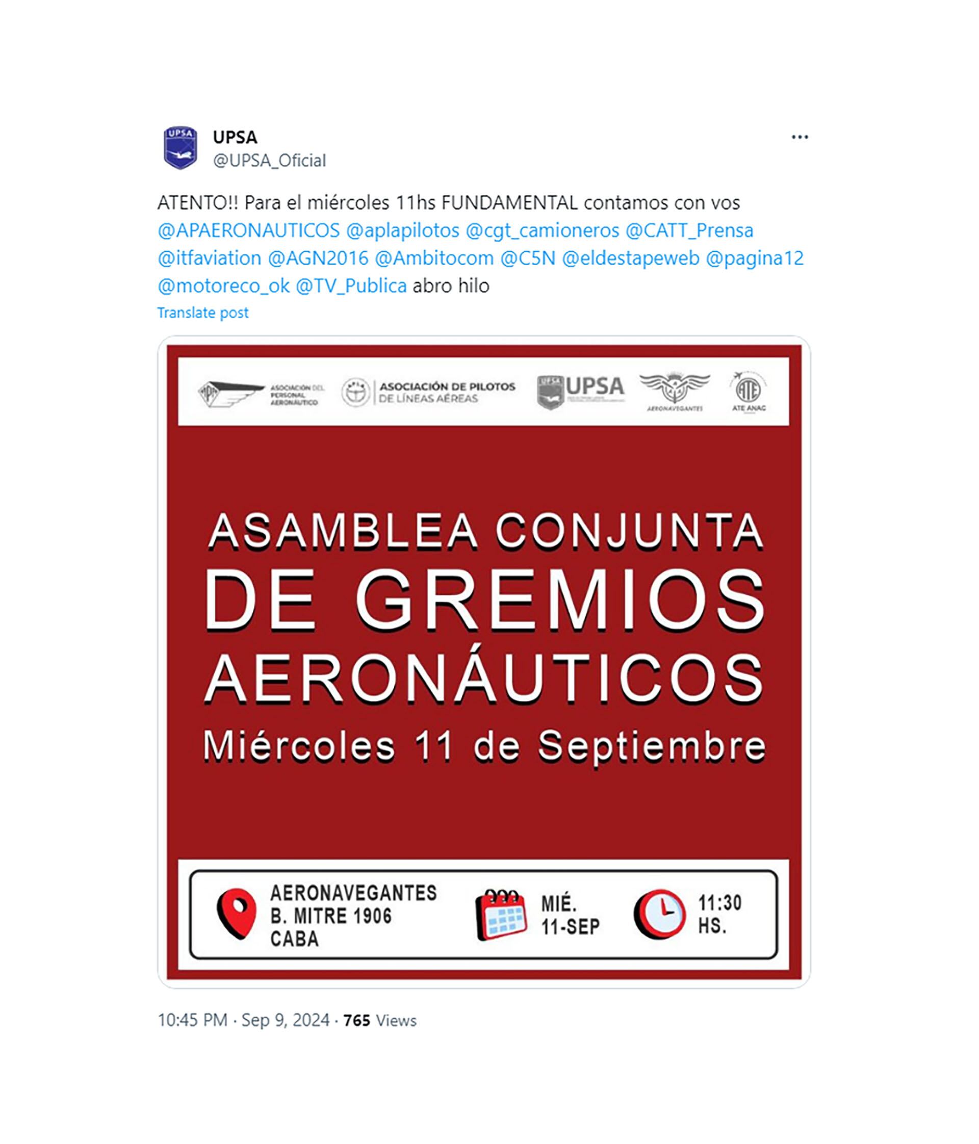 Asamblea gremios aeronáuticos 11 de septiembre tuit