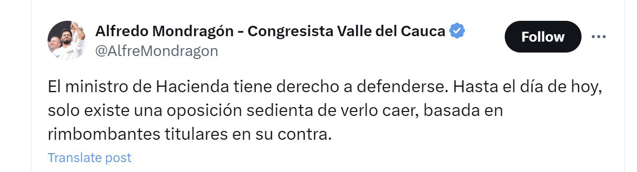 Alfredo Mondragón aseguró que el ministro de Hacienda, Ricardo Bonilla, está siendo víctima de "una oposición sedienta de verlo caer" - crédito @AlfreMondragon/X