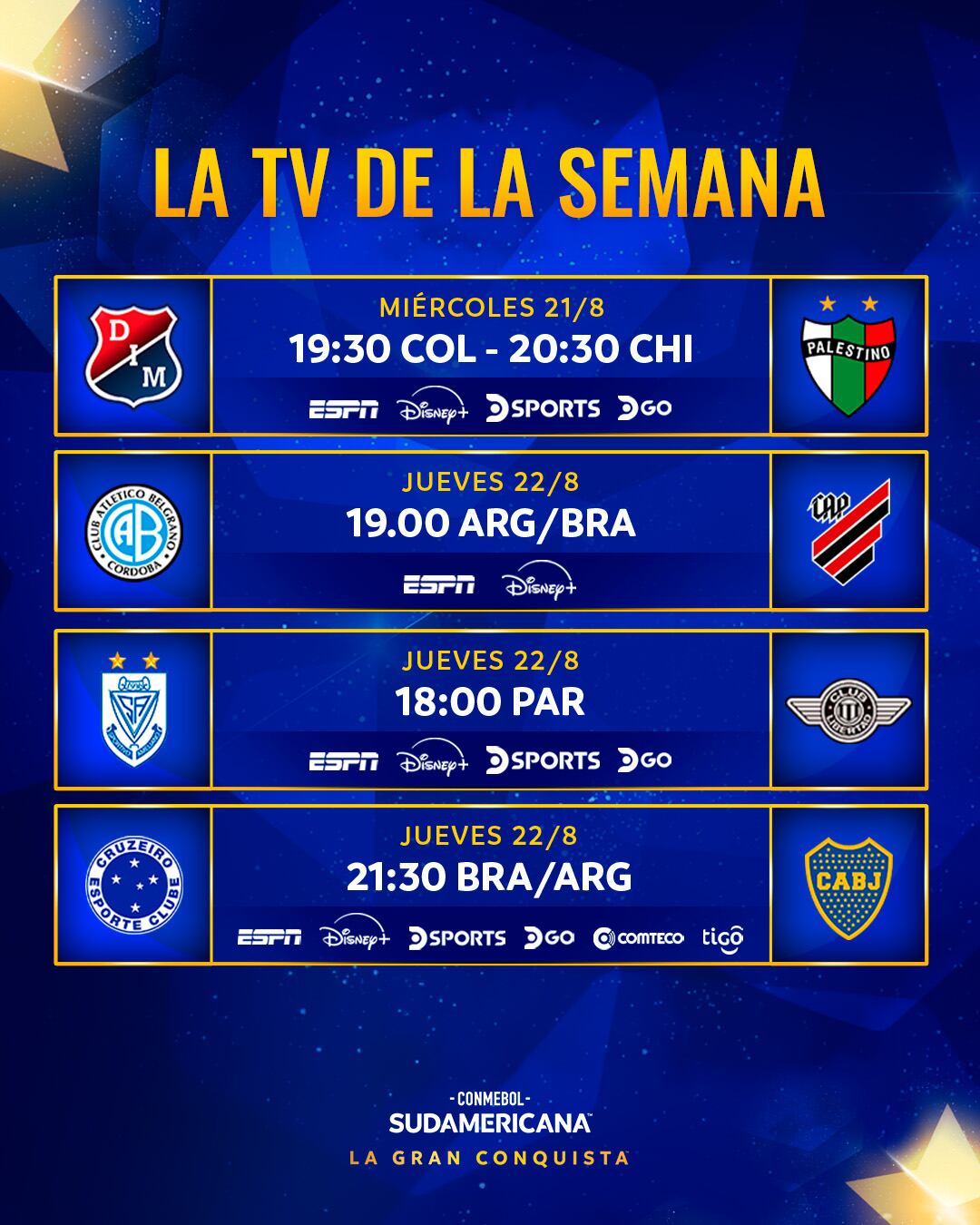 Canales del Boca Juniors vs Cruzeiro, duelo por octavos de final vuelta de la Copa Sudamericana 2024.