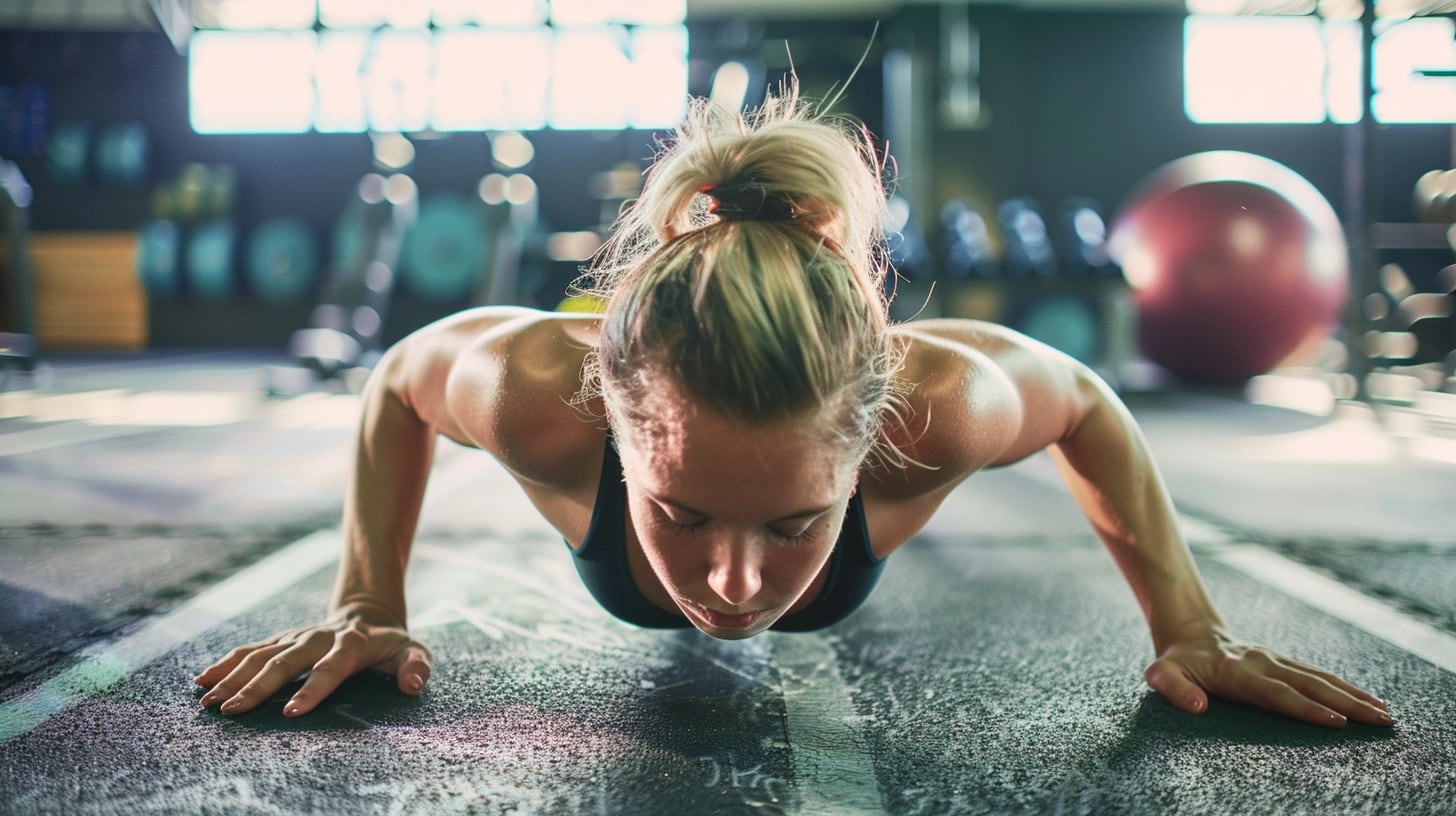 Mujer realizando ejercicio de flexiones en un ambiente de gimnasio, concentrada en fortalecer su cuerpo y mejorar su salud. Esta actividad refleja su enfoque en una vida sana, subrayando el valor del entrenamiento físico y la disciplina en el cuidado de su bienestar. Su práctica constante en el gym muestra la importancia de ejercitarse regularmente. (Imagen ilustrativa Infobae)