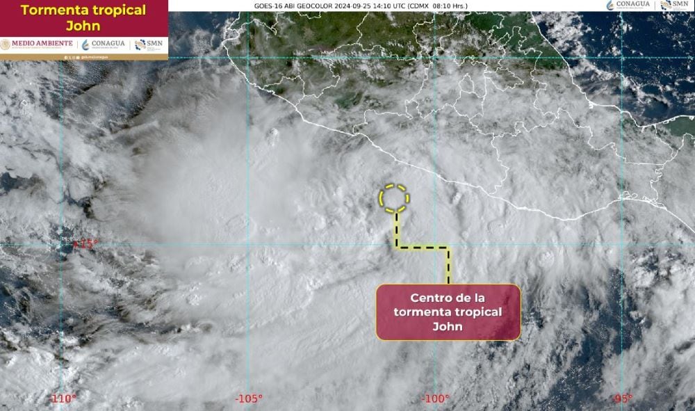 Ubicación del centro de la Tormenta Tropical John-