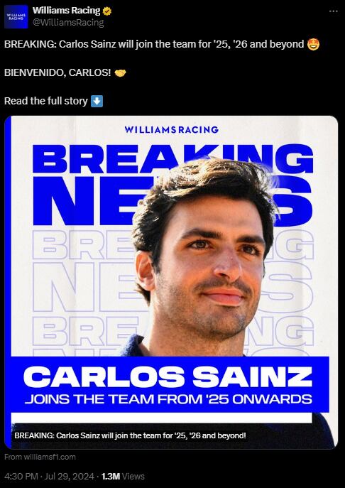 Confirmación del contrato de Carlos Sainz con Williams (@WilliamsRacing, X)