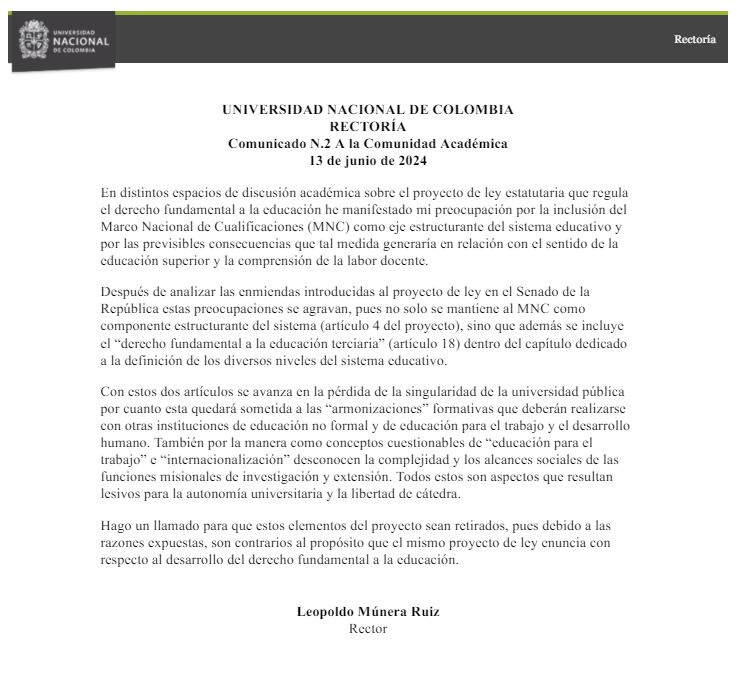 Leopoldo Múnera se refirió a la ley estatutaria de educación - crédito @Unal/X