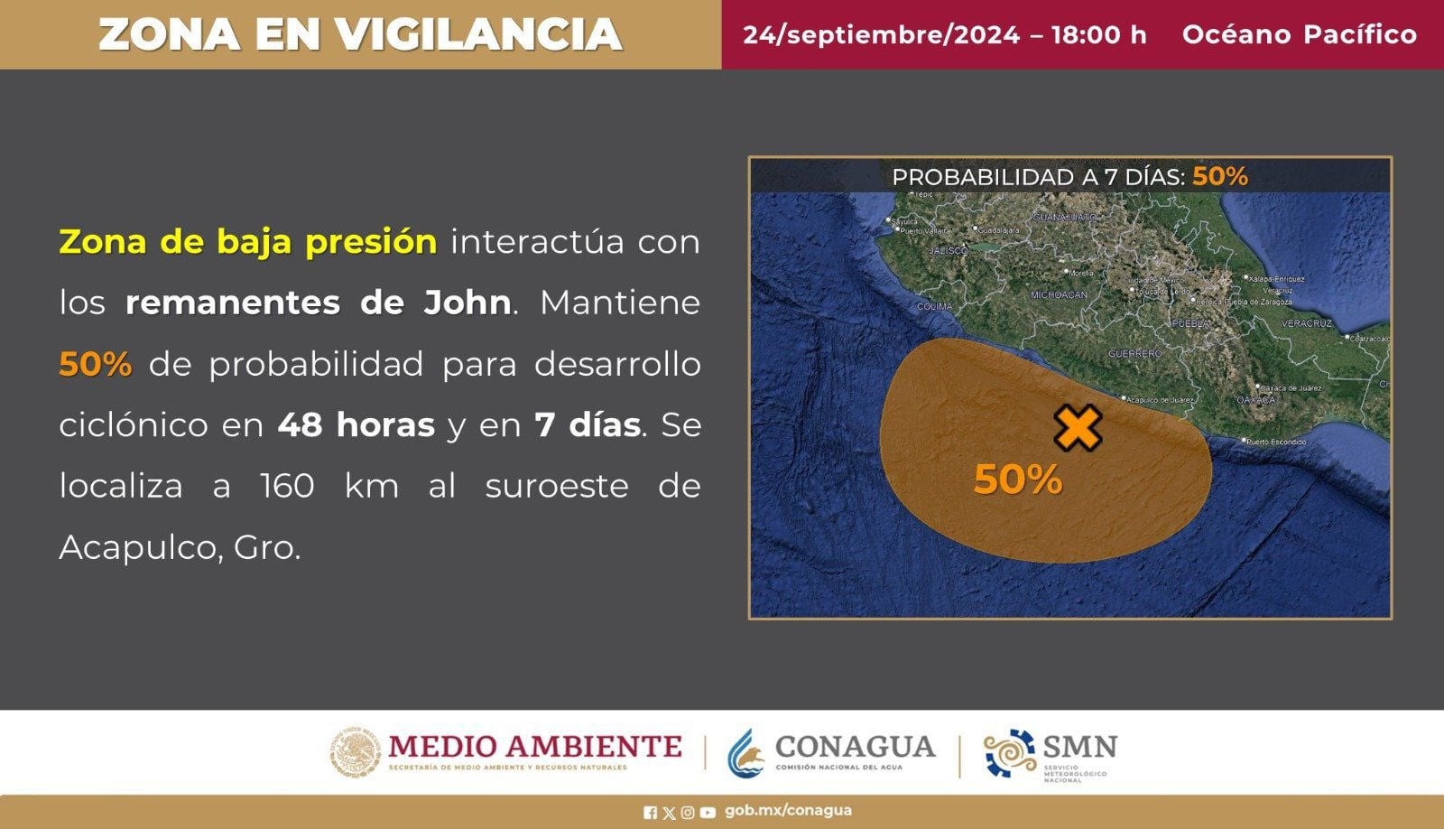 Zona de baja presión interactúa con remanentes del ciclón John, se ubica frente a Guerrero | EN VIVO 