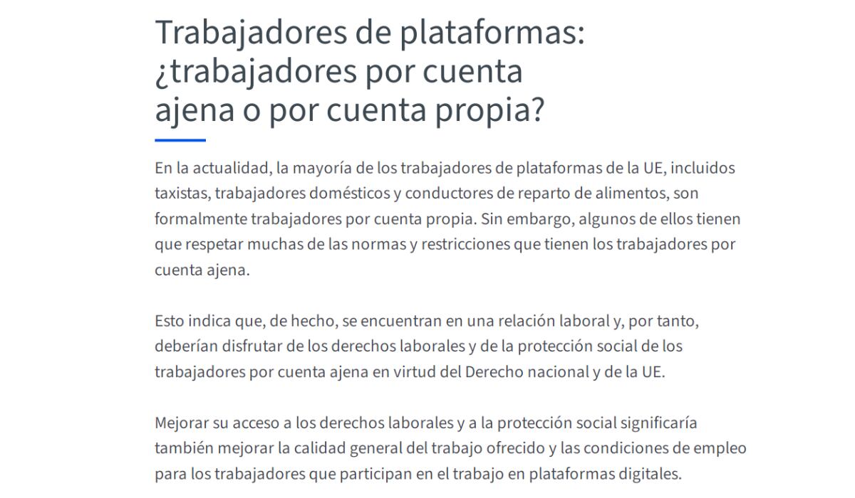 La UE clasifica a las personas que trabajas en plataformas digitales como trabajadores por cuenta propia. (https://www.consilium.europa.eu/)