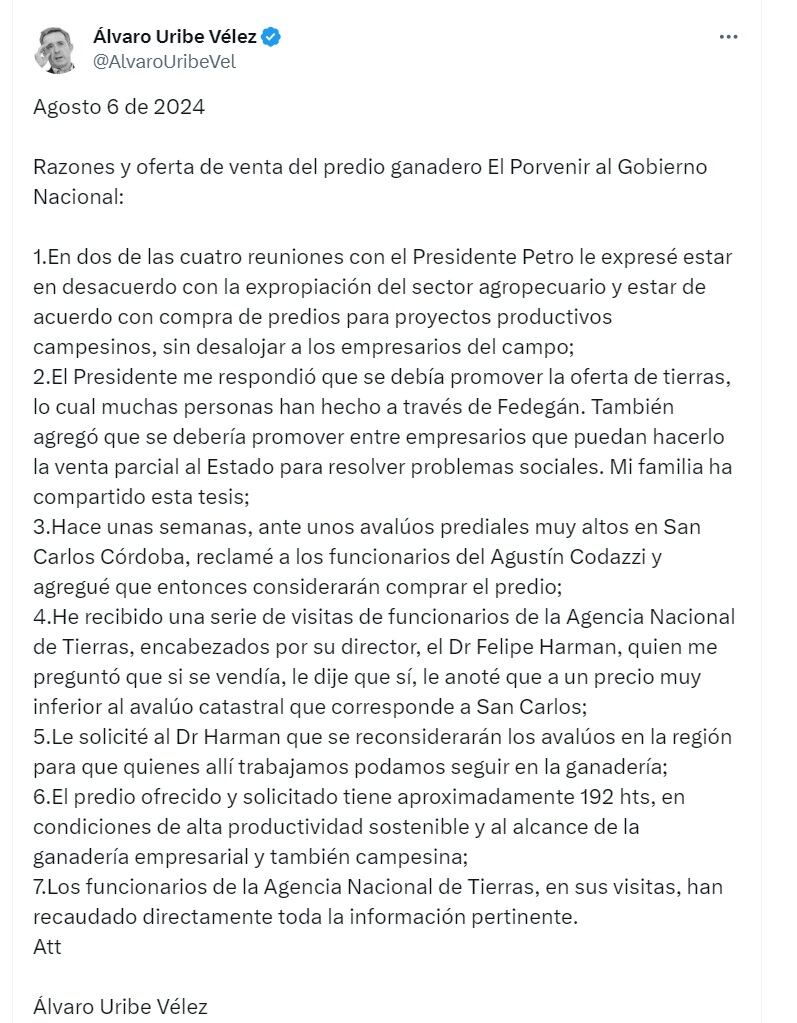 El expresidente se refirió a la venta de uno de sus predios ubicados en el departamento de Córdoba - crédito @AlvaroUribeVel/X