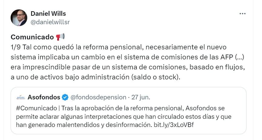 Daniel Wills, vicepresidente Técnico y de Estudios Económicos en Asofondos,  asegura que los resultados de las AFP son muy buenos para los trabajadores - crédito @DanielWillsR/X