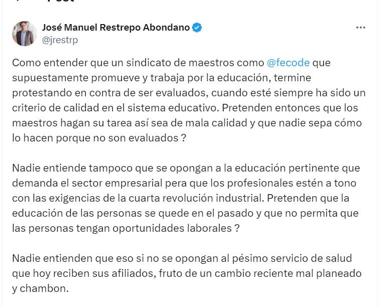 José Manuel Restrepo cuestionó los motivos de Fecode para realizar un paro - crédito @jrestrp