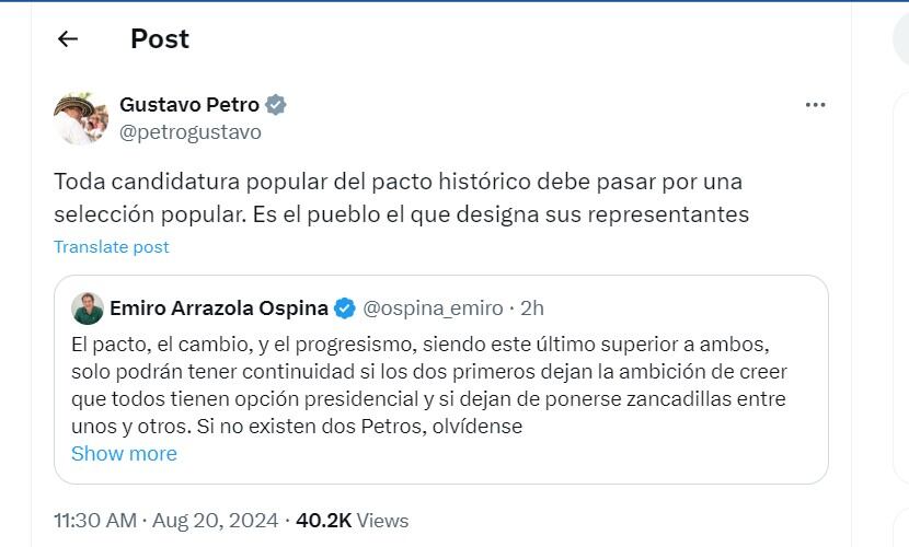 Gustavo Petro habla de las candidaturas del Pacto Histórico - crédito @petrogustavo