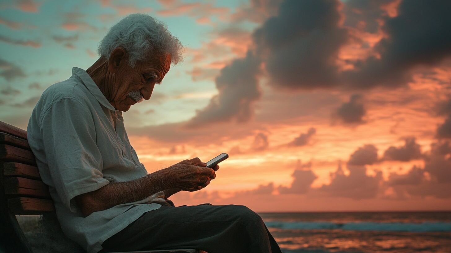 Imagen de un anciano sonriente frente al mar usando un teléfono móvil, con el sol poniéndose en el horizonte. Otras opciones: atardecer en la playa, momento sereno, paisaje costero. - (Imagen Ilustrativa Infobae)