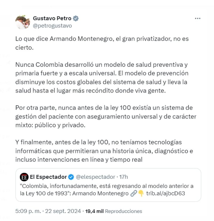 Gustavo Petro respondió a las críticas de Armando Montenegro enfatizó su enfoque en un modelo de salud preventiva y universal - crédito @petrogustavo/X