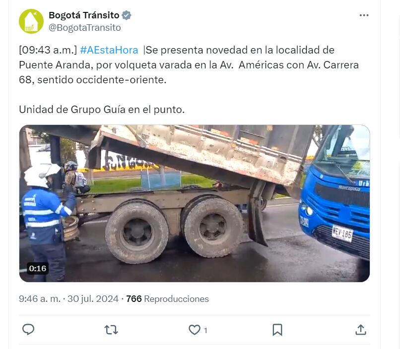 En grupos de difusión se reportan problemas de movilidad por cuenta de esta novedad - crédito @BogotaTransito/X