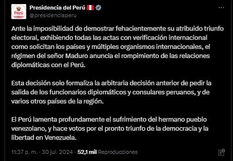 Dina Boluarte califica de arbitraria la ruptura de relaciones diplomáticas por parte de Venezuela. (Captura: @presidenciaperu)