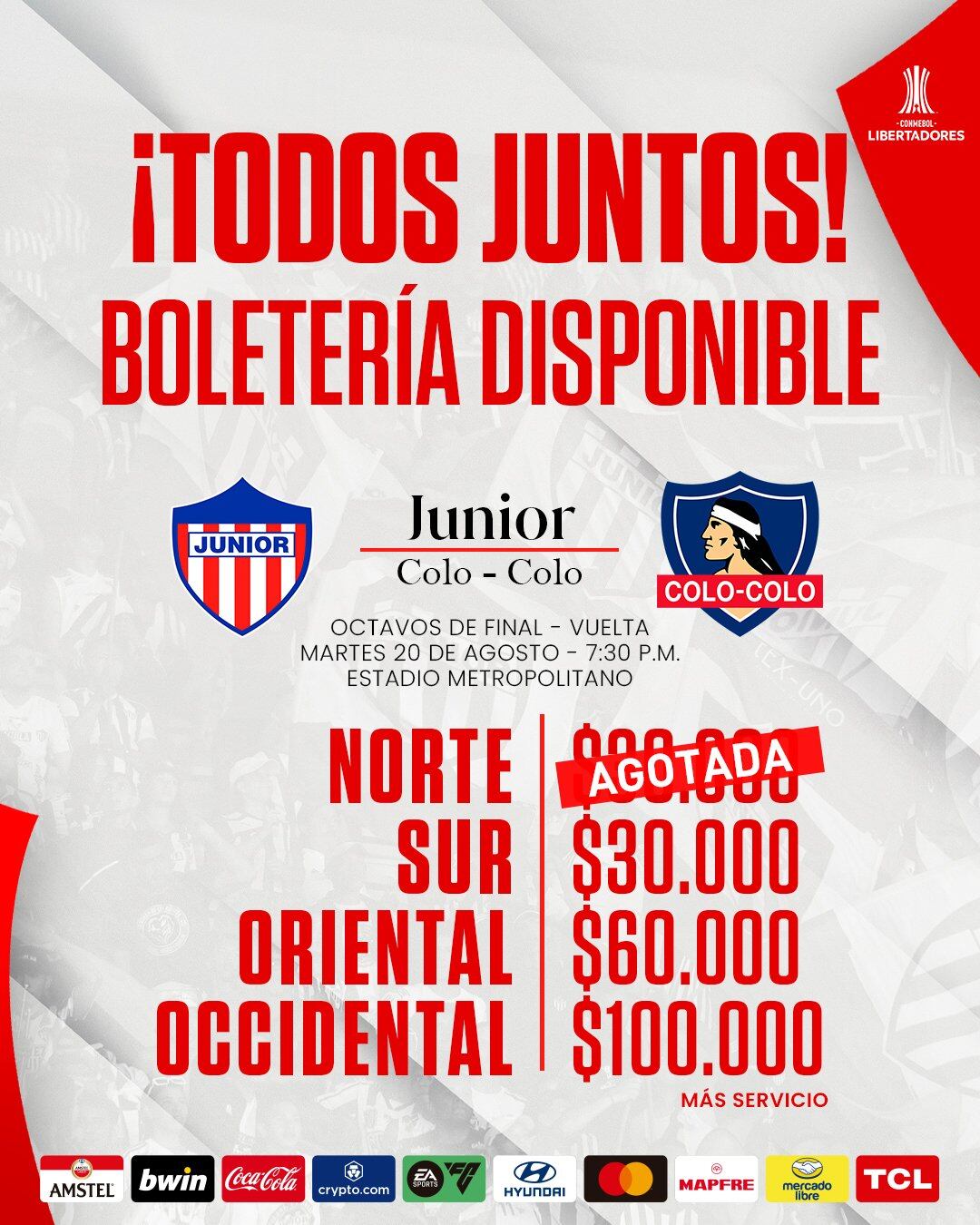 Boletería disponible para el partido entre Junior vs. Colo Colo - crédito Junior FC