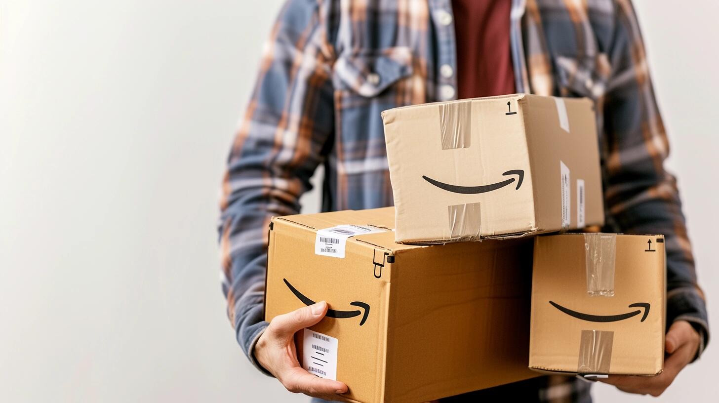 Trabajador de delivery carga cajas de Amazon, asegurando el transporte seguro y eficiente de pedidos internacionales hasta la puerta del cliente, superando barreras de aduana e importación. Representa la evolución de las compras en tiendas online. (Imagen ilustrativa Infobae)