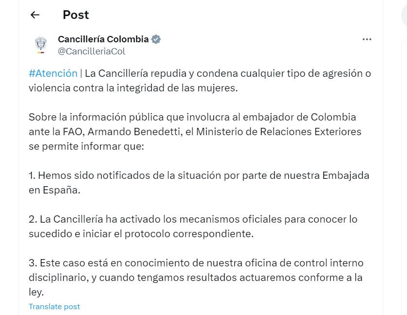 Cancillería de Colombia se pronuncia con respecto a la denuncia de Armando Benedetti en España - crédito @CancilleriaCol