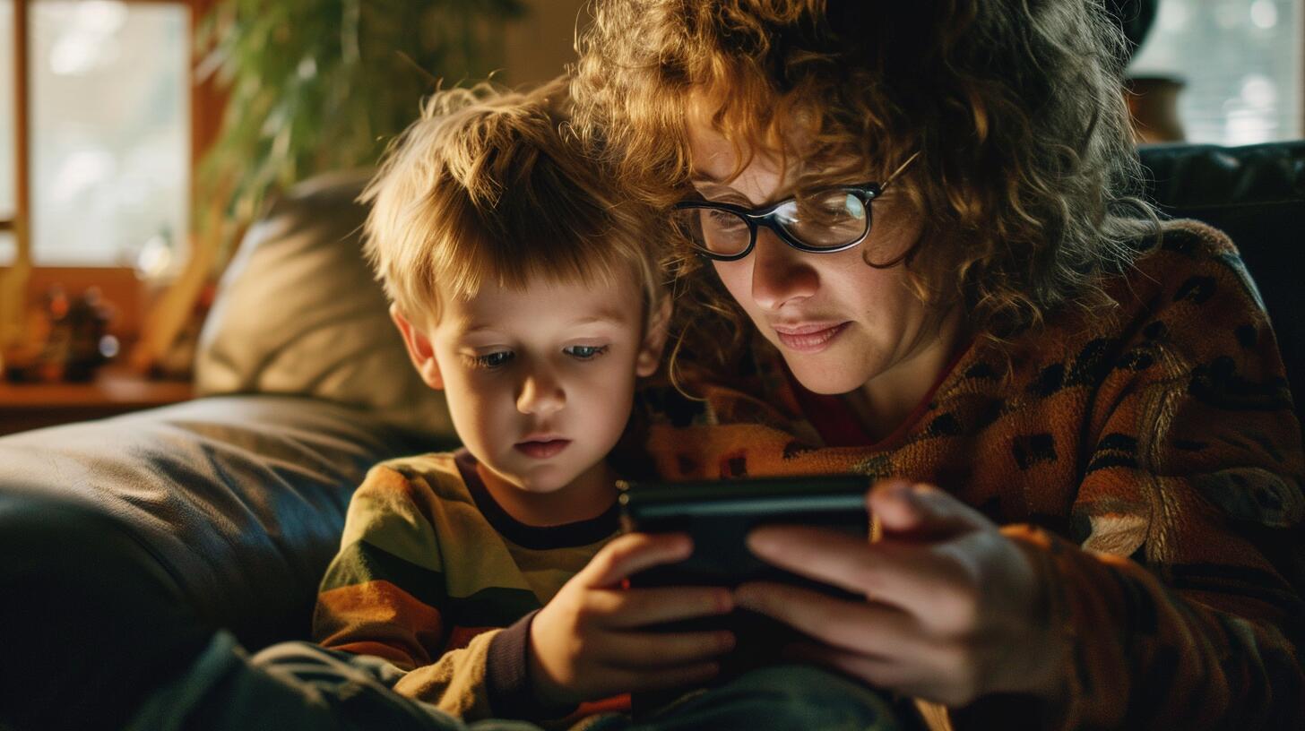 Imagen entrañable de una madre y su hijo disfrutando de la lectura en un ebook durante la Navidad. La tecnología y la literatura se fusionan, creando momentos de conexión y aprendizaje en familia. (Imagen Ilustrativa Infobae)