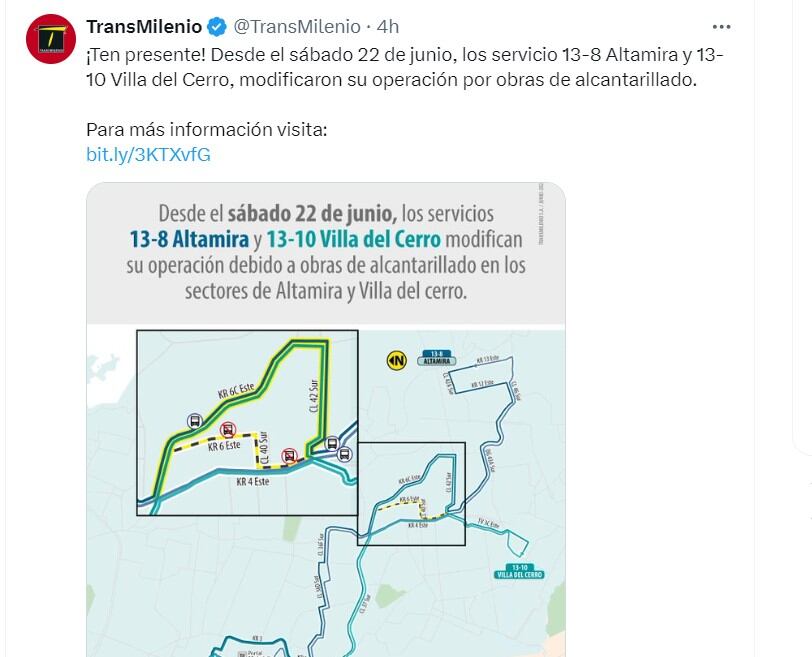 Transmilenio informa de cambios en servicios del sistema - crédito @TransMilenio