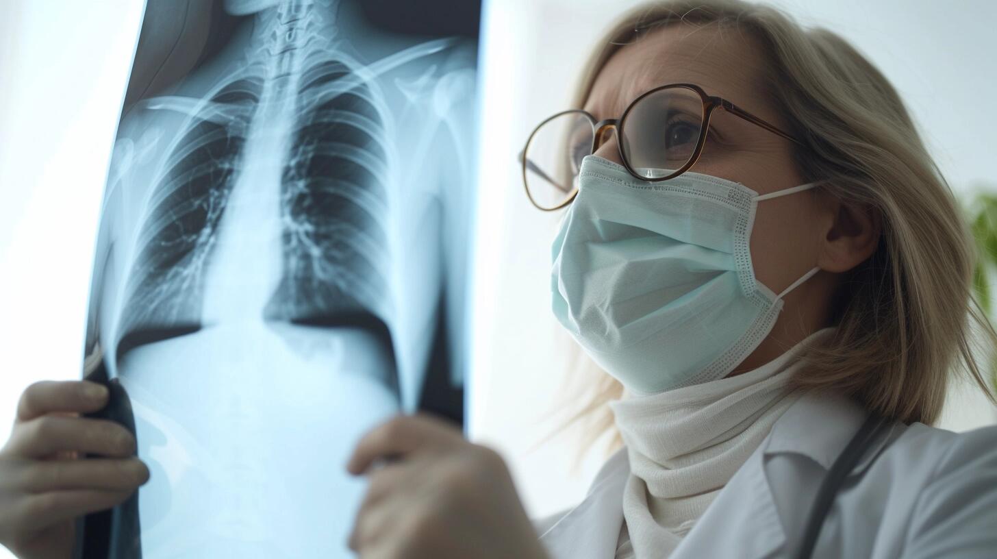 Médica con barbijo observando una radiografía de pecho, concentrada en el diagnóstico y evaluación de las condiciones pulmonares. La fotografía destaca la importancia del examen minucioso y el papel vital de los profesionales de la salud en la interpretación de imágenes médicas. (Imagen ilustrativa Infobae)