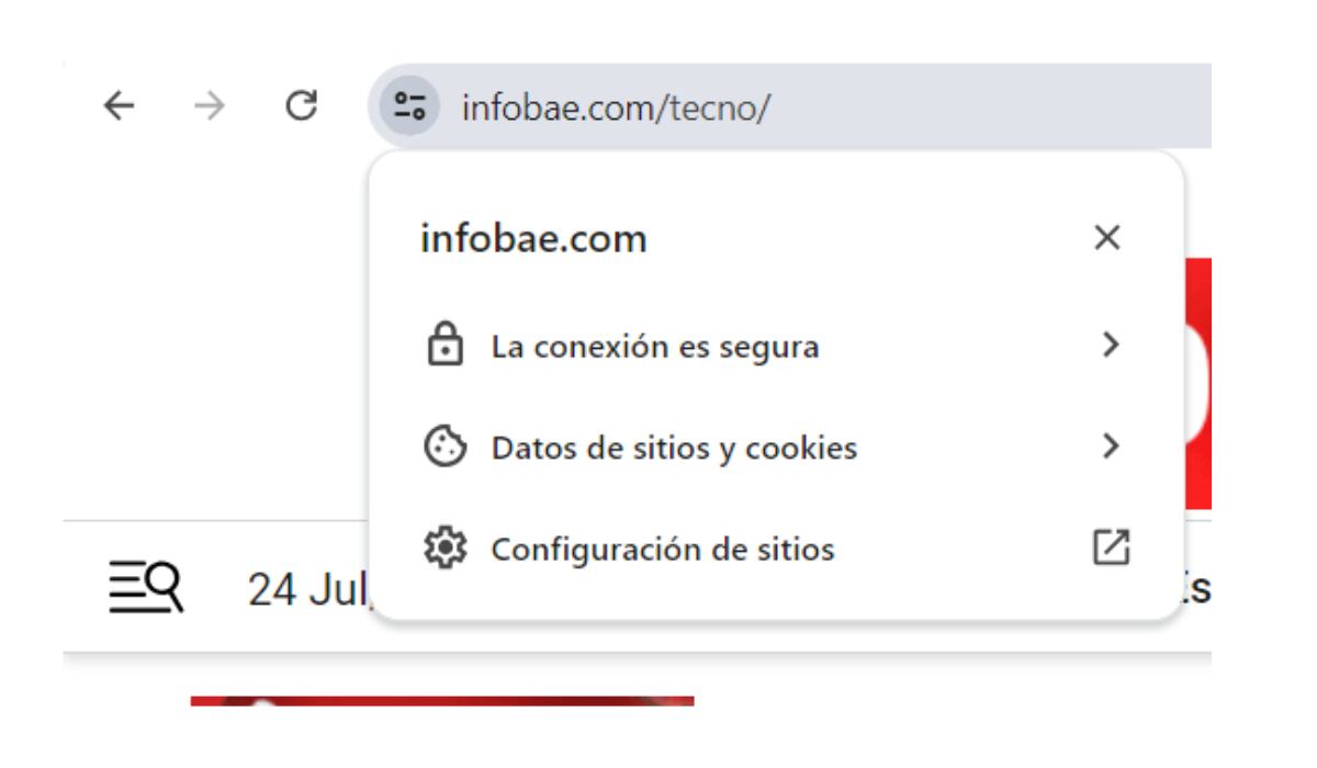 En la información del sitio, el usuario puede consultar si la página es segura. (Google Chrome)