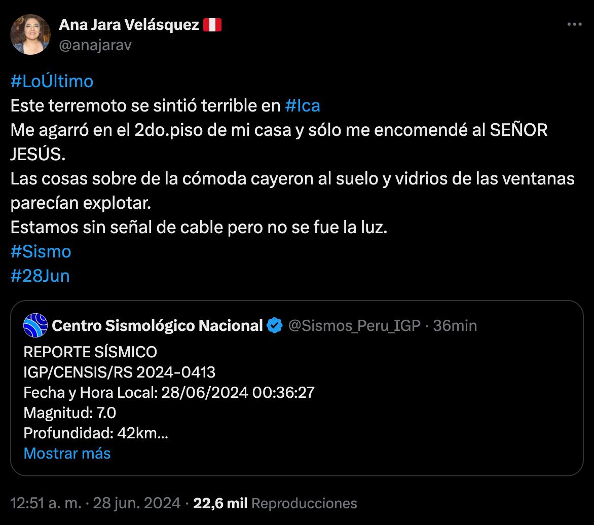 Exministra Ana Jara detalló cómo sintió el temblor de magnitud 7 desde Ica.