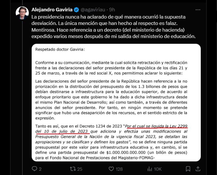 Alejandro Gaviria emitió observaciones sobre el fallo del Consejo de Estado - crédito @agaviriau/X